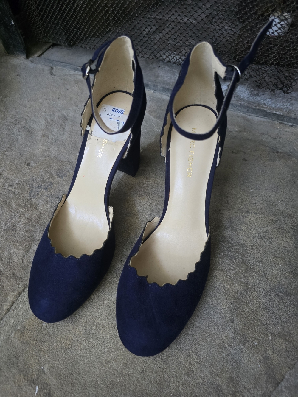 Marc Fisher Navy Scalloped Ankle-Strap Block Heels